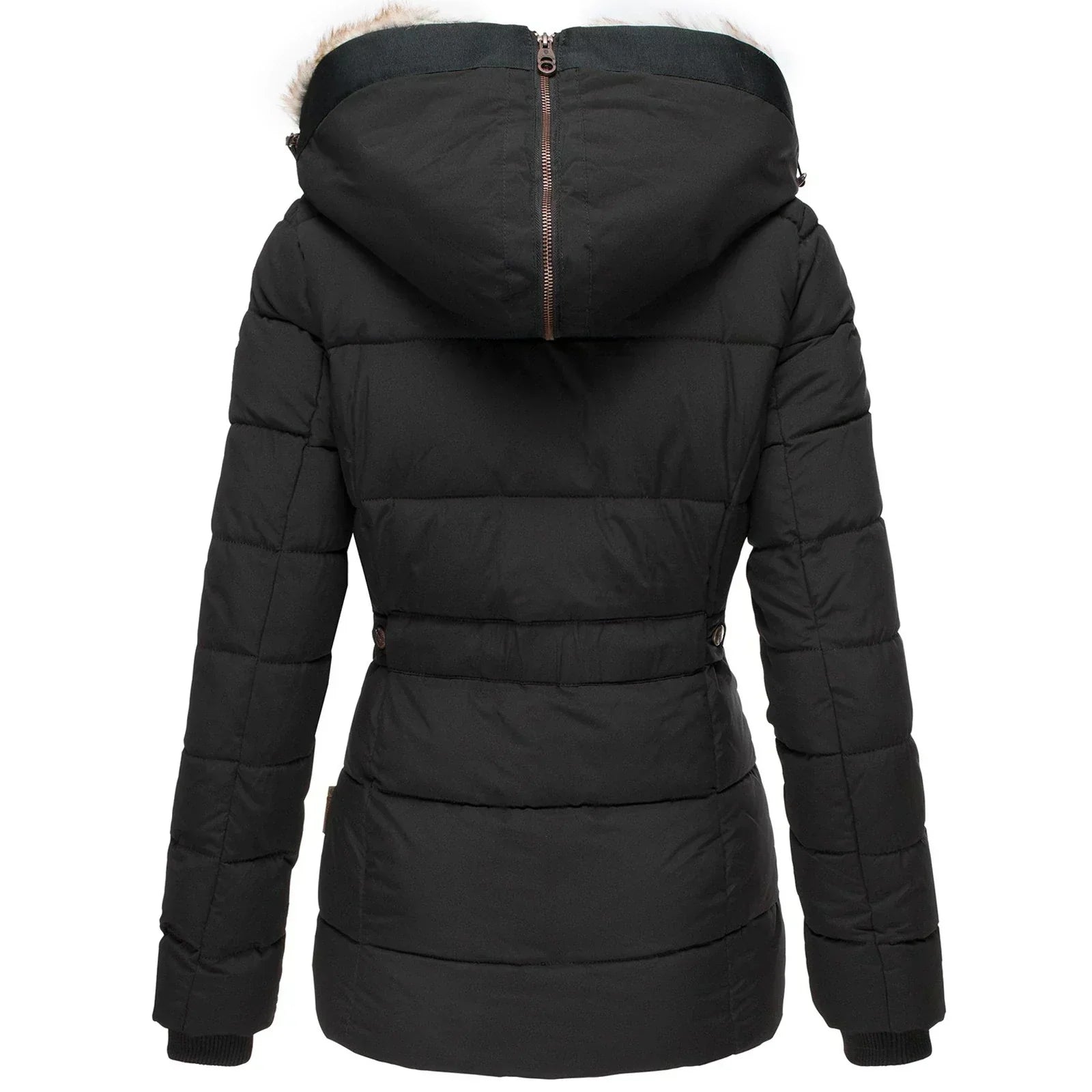 Manilyn Long Puffer Coat with Hood and Zip Pockets - Black