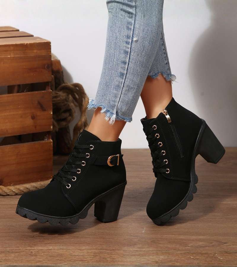 Maricar Lace-Up Ankle Boots with Buckle Detail and Inside Zip - Black