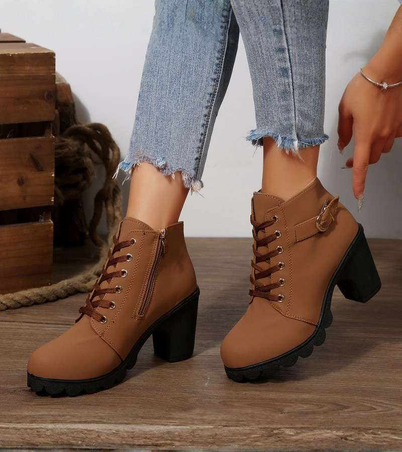 Maricar Lace-Up Ankle Boots with Buckle Detail and Inside Zip - Brown