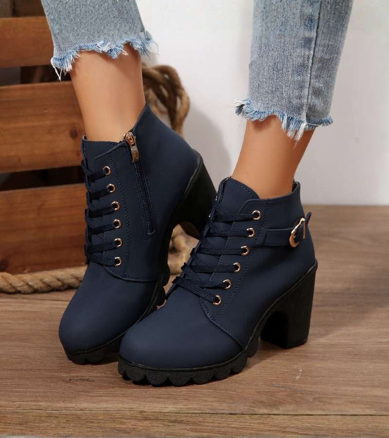 Maricar Lace-Up Ankle Boots with Buckle Detail and Inside Zip - Blue