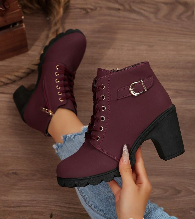 Maricar Lace-Up Ankle Boots with Buckle Detail and Inside Zip - Burgundy