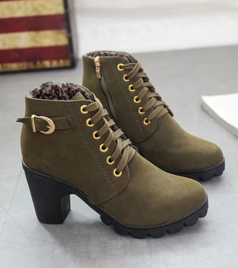 Maricar Lace-Up Ankle Boots with Buckle Detail and Inside Zip - Army Green