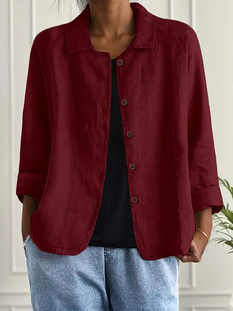 Marilla Lightweight Collared Cardigan with Button Front - Dark Red