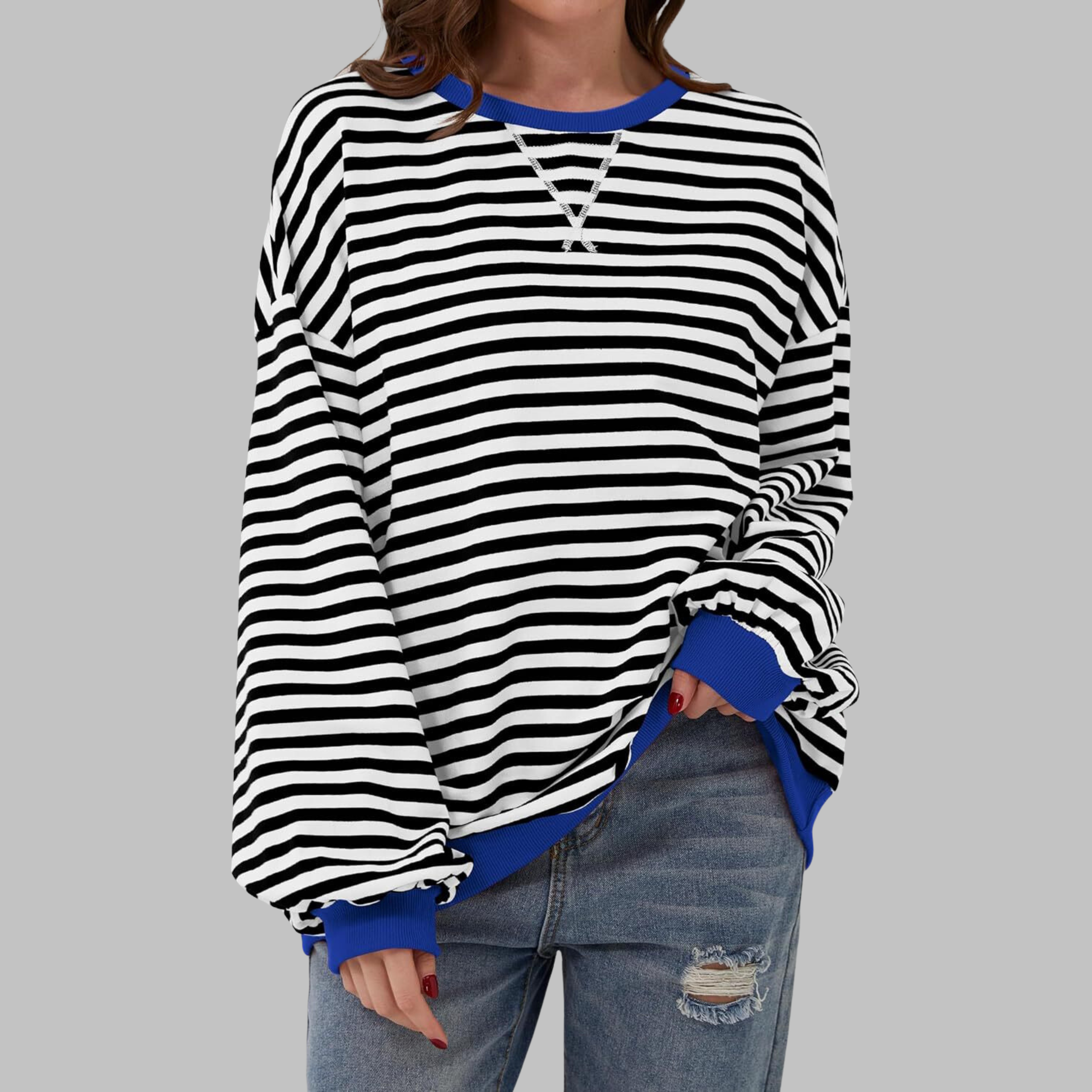 Marley Oversized Striped Sweatshirt with Retro Bands - Blue