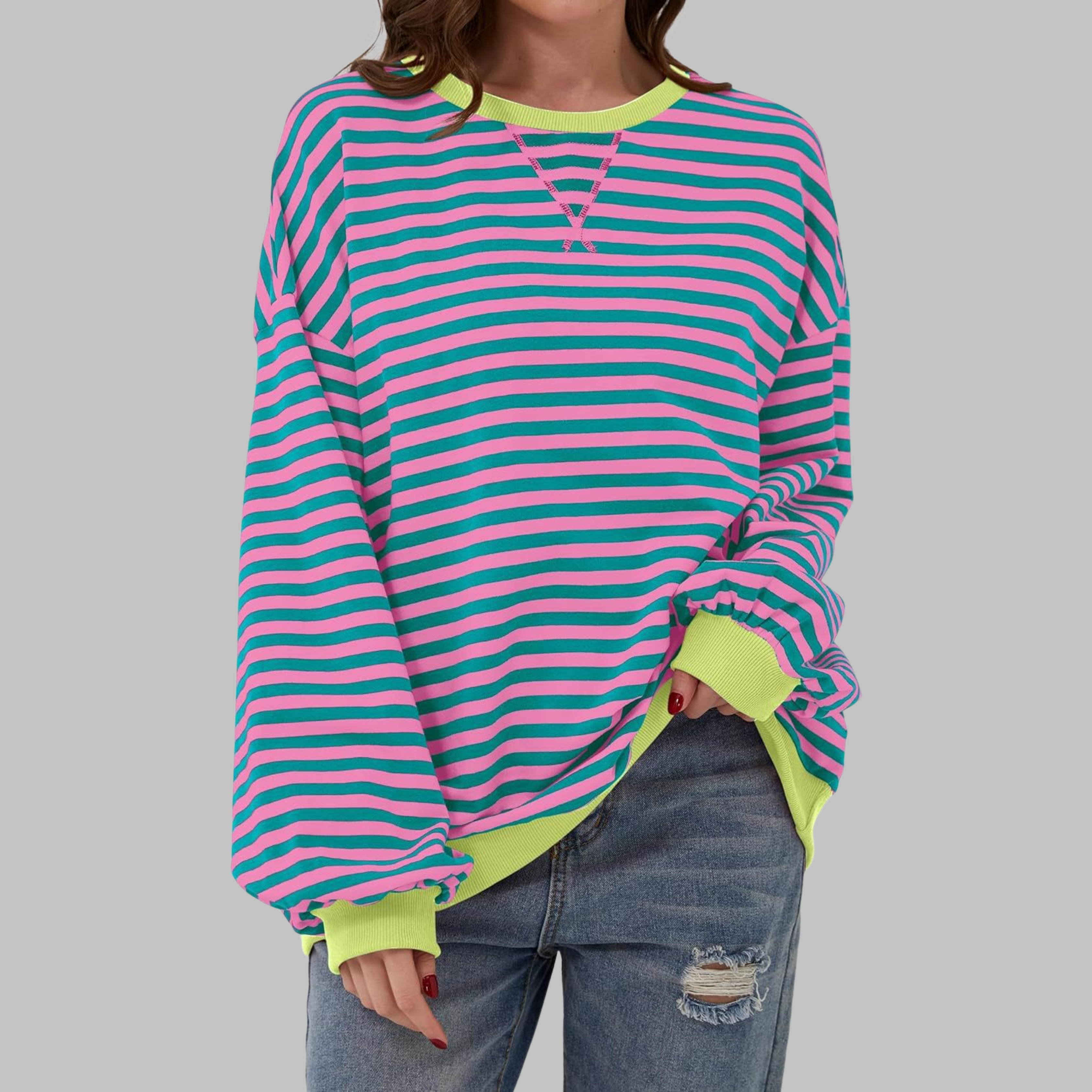 Marley Oversized Striped Sweatshirt with Retro Bands - Pink