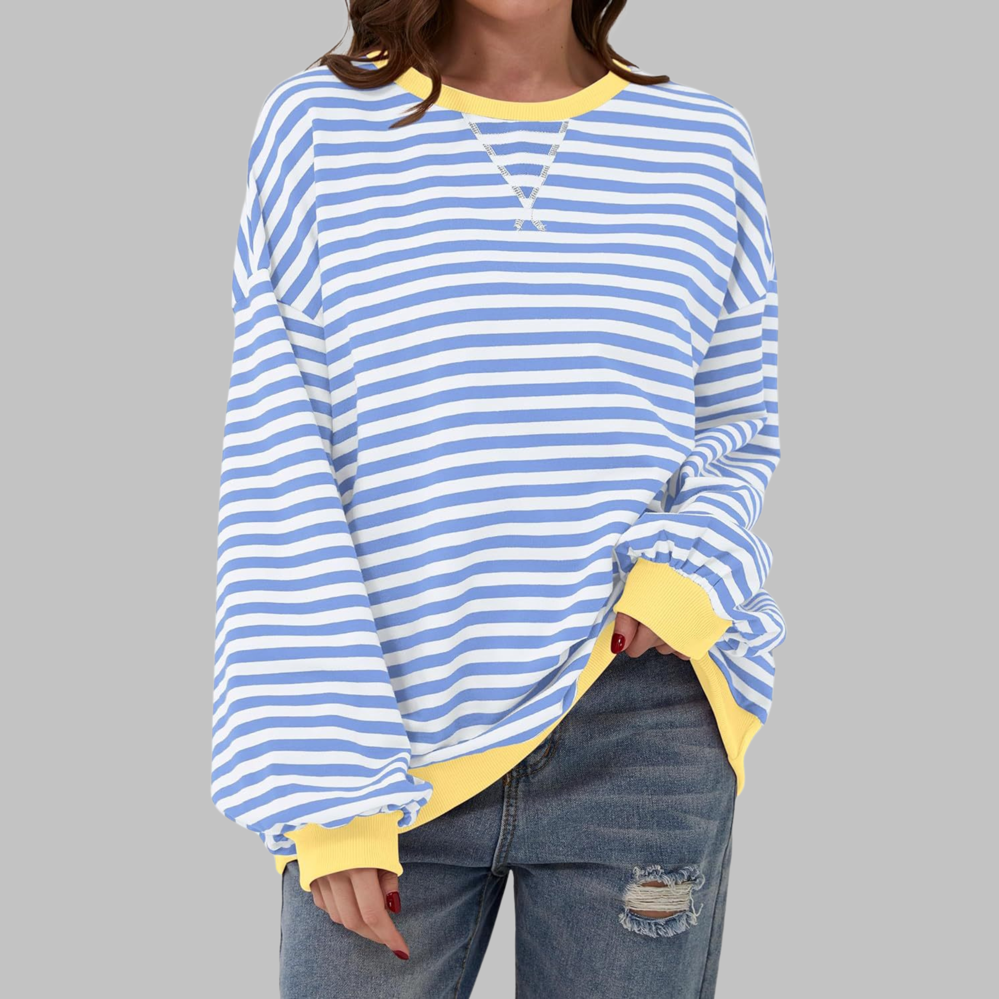 Marley Oversized Striped Sweatshirt with Retro Bands - Sky Blue