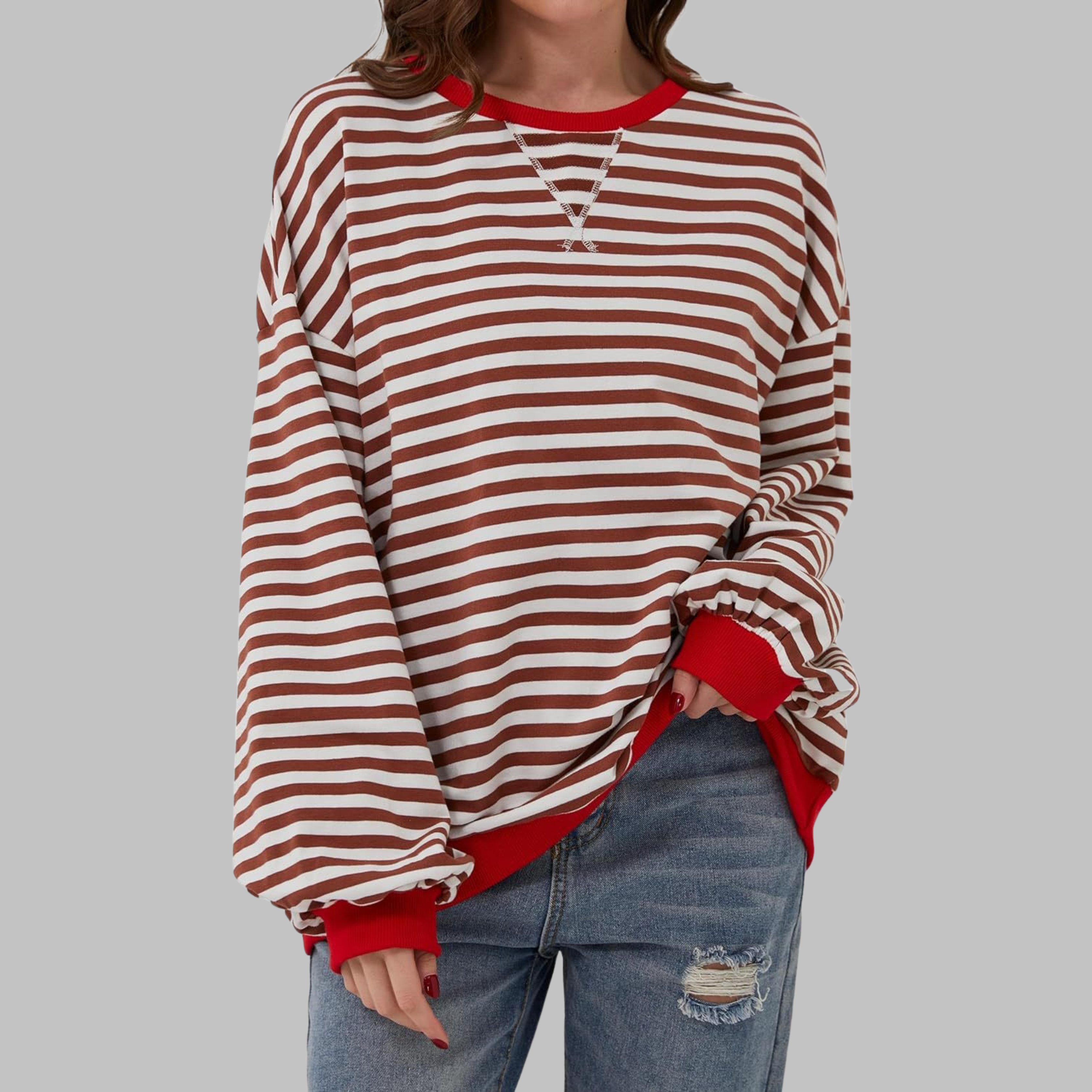 Marley Oversized Striped Sweatshirt with Retro Bands - Red