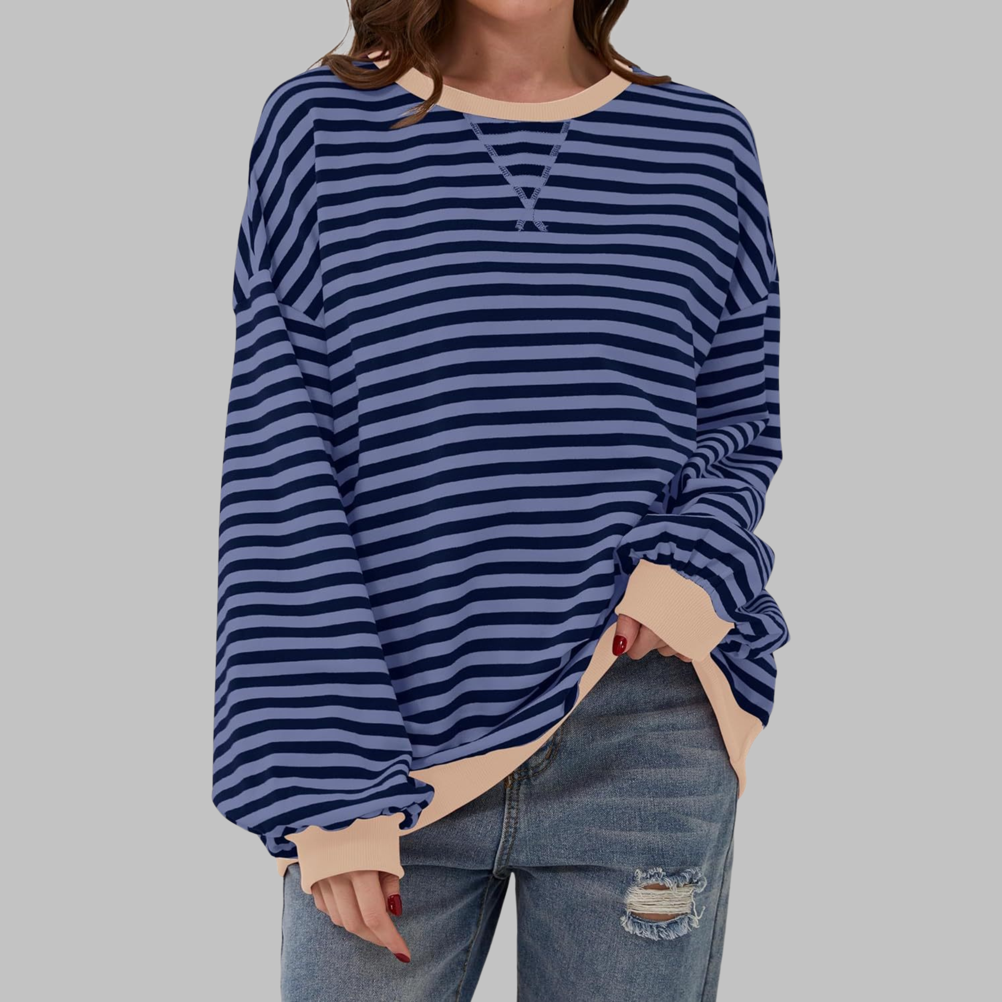 Marley Oversized Striped Sweatshirt with Retro Bands - Blue