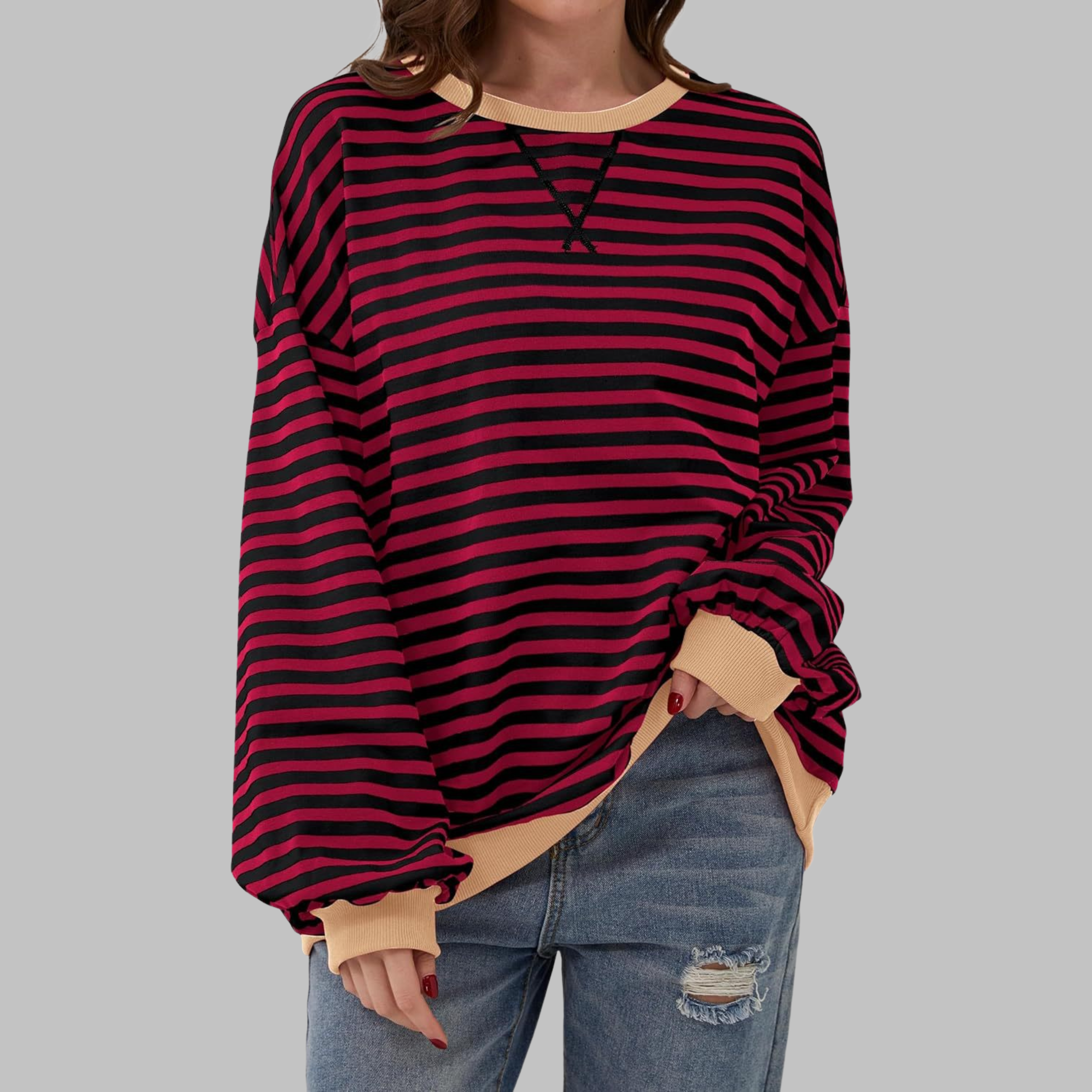 Marley Oversized Striped Sweatshirt with Retro Bands - Red