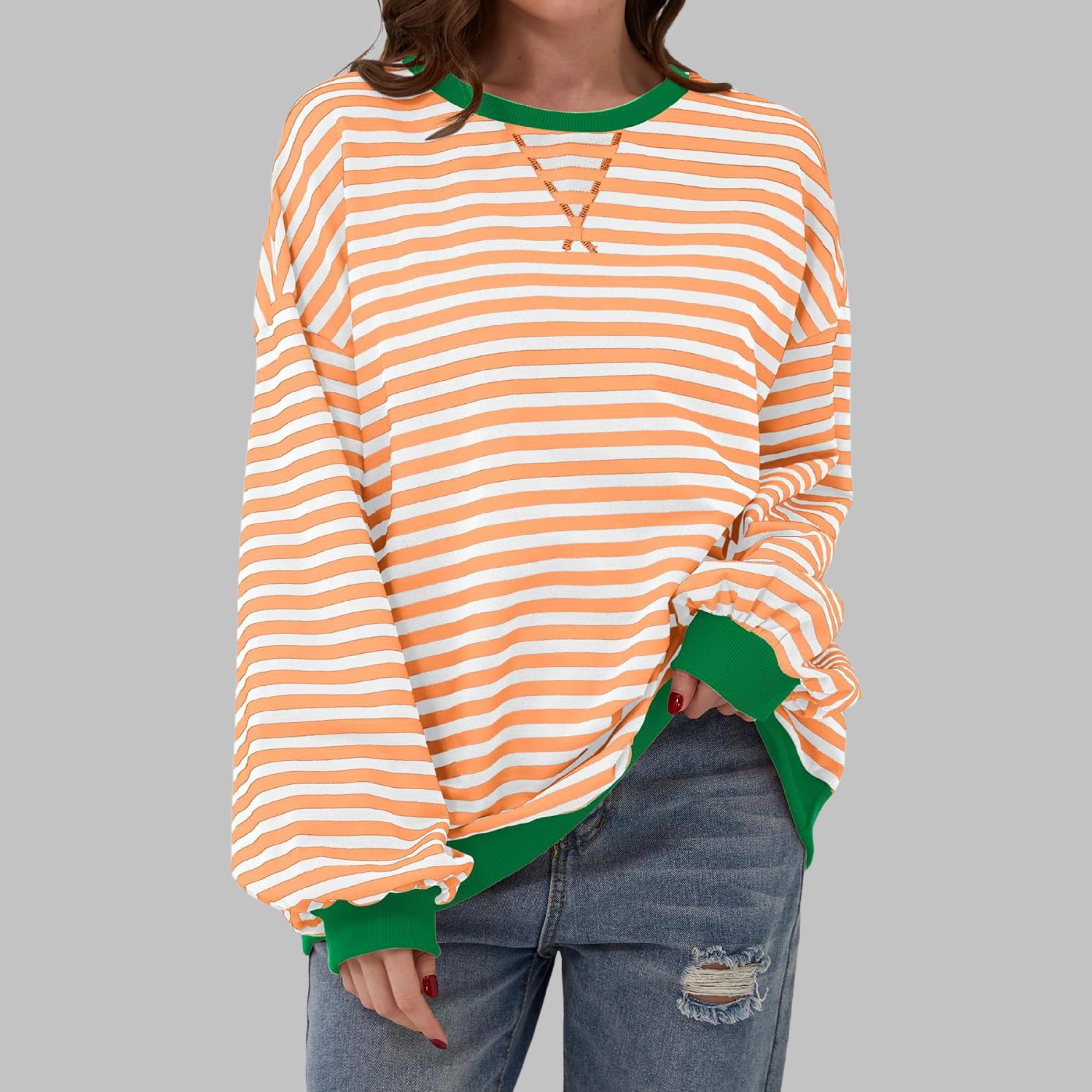 Marley Oversized Striped Sweatshirt with Retro Bands - Light Orange