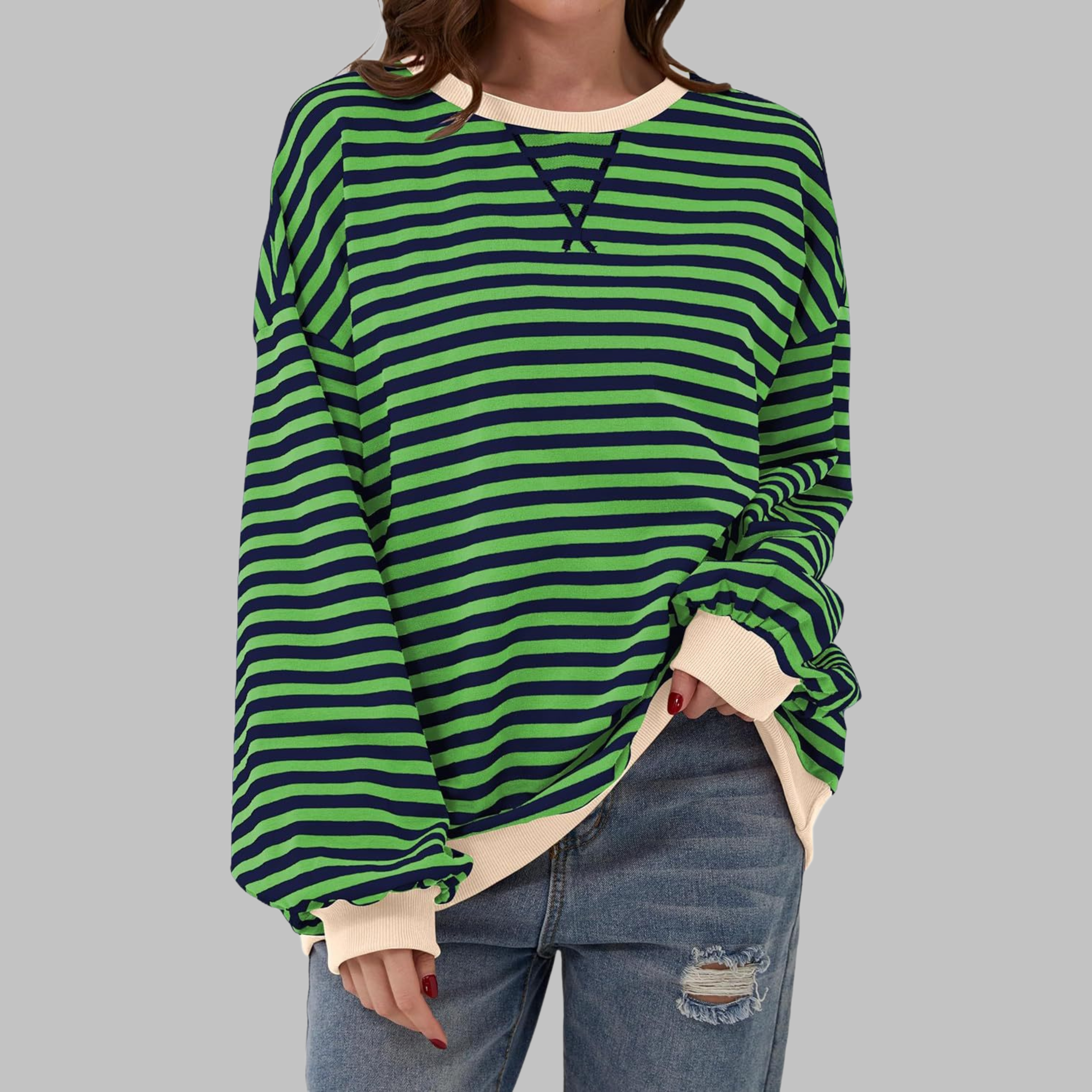 Marley Oversized Striped Sweatshirt with Retro Bands - Green