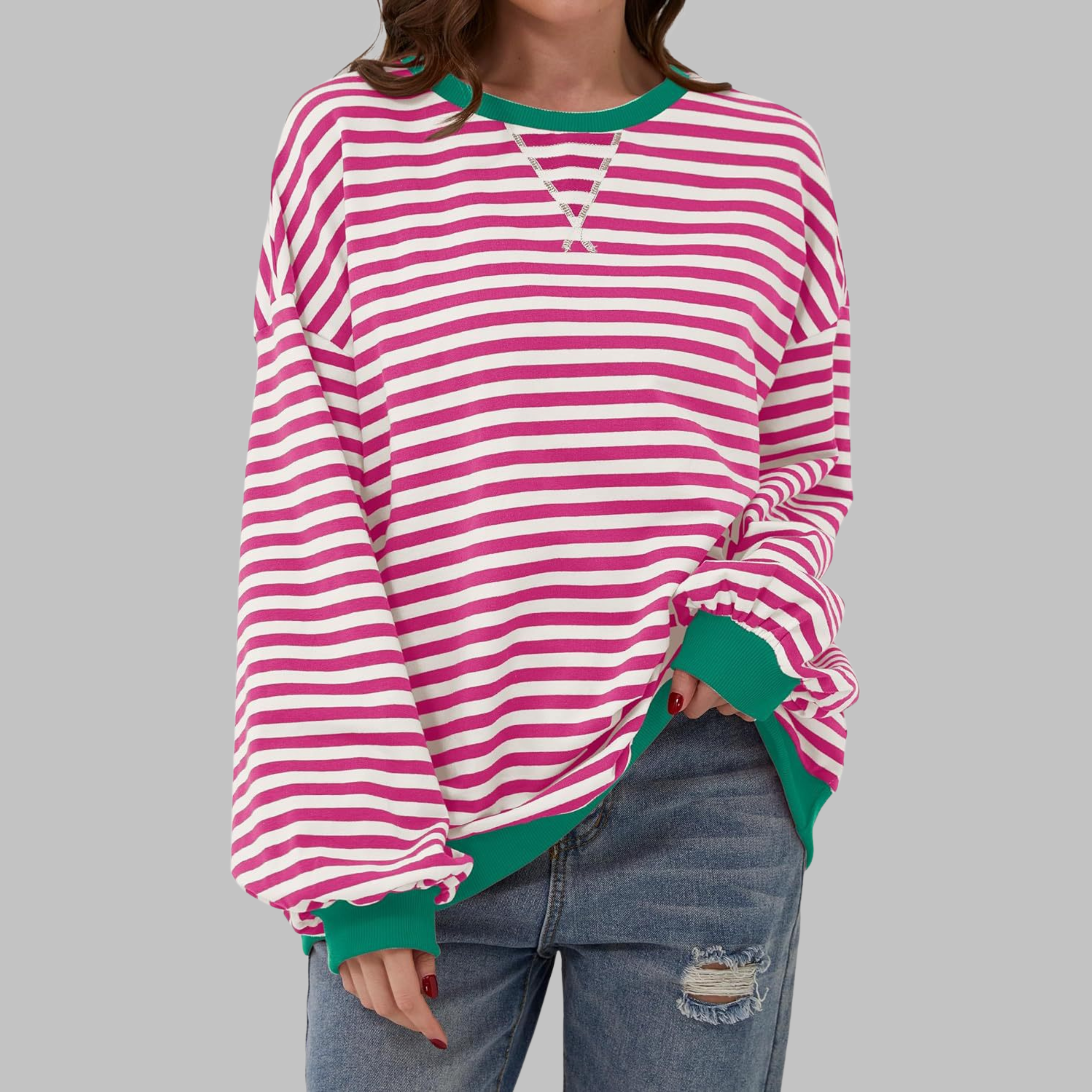 Marley Oversized Striped Sweatshirt with Retro Bands - Rose Red