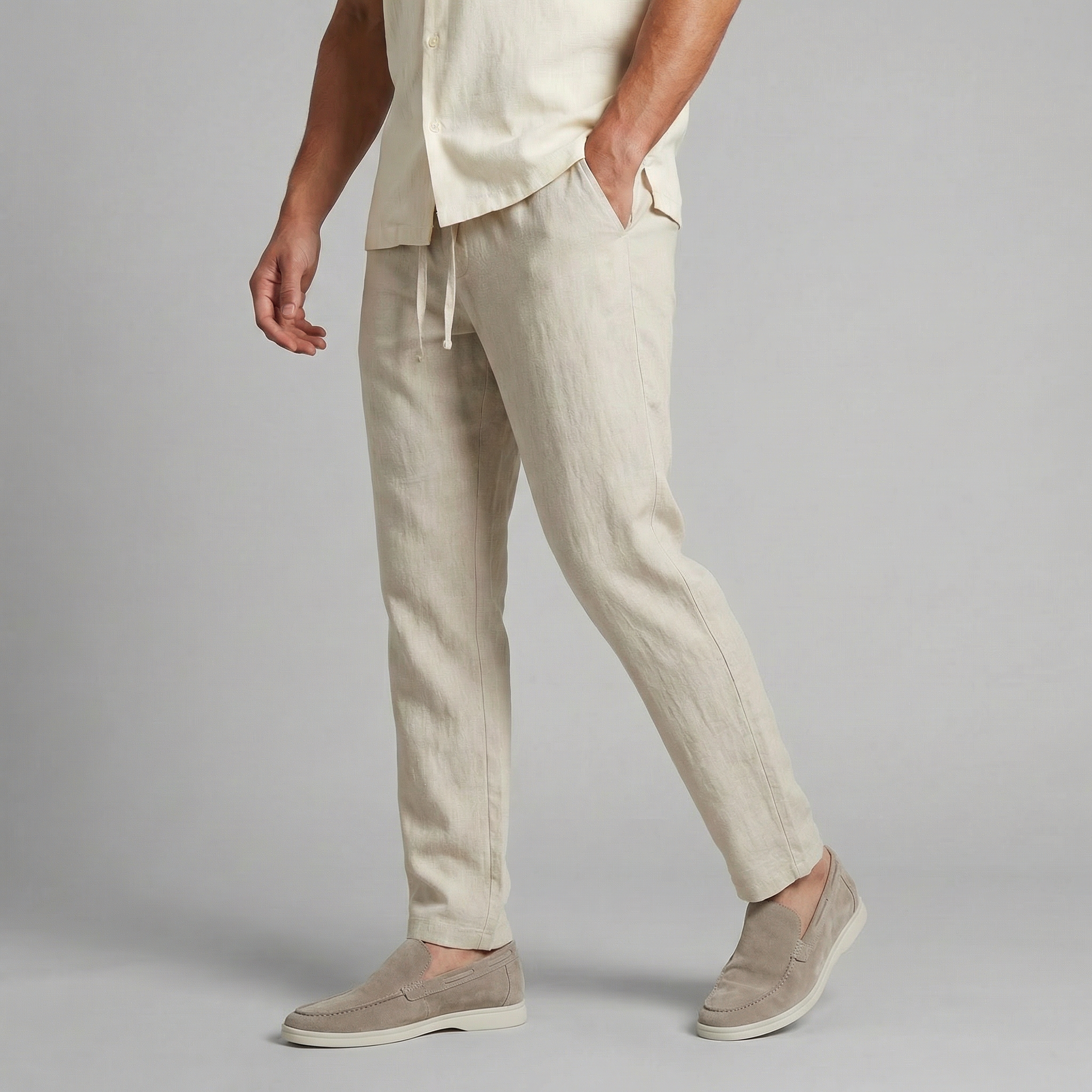 Marlon Men's Wide Leg Trousers with Drawstring Waist - Beige