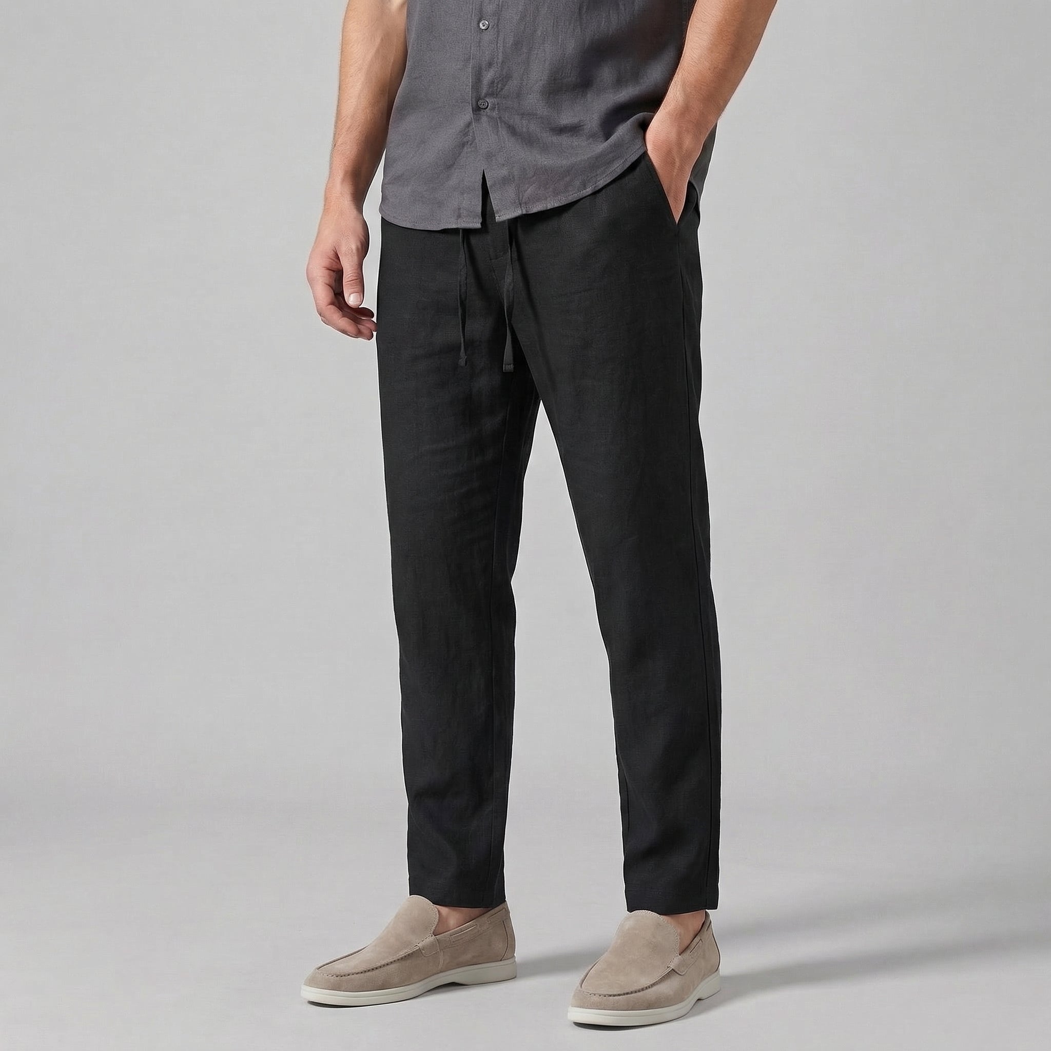 Marlon Men's Wide Leg Trousers with Drawstring Waist - Black