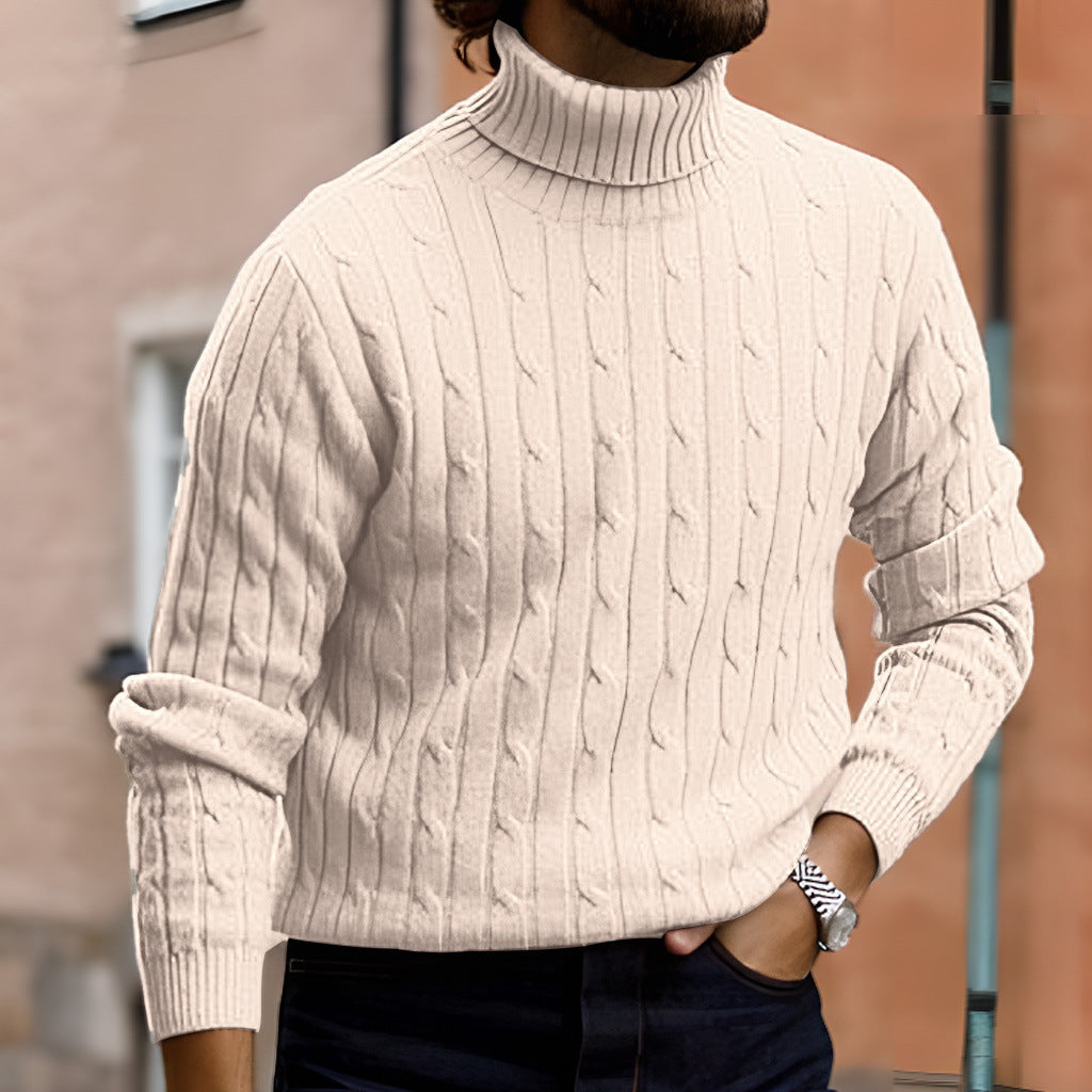 Matthias Men's Cable Turtleneck with Ribbed Trim - Beige