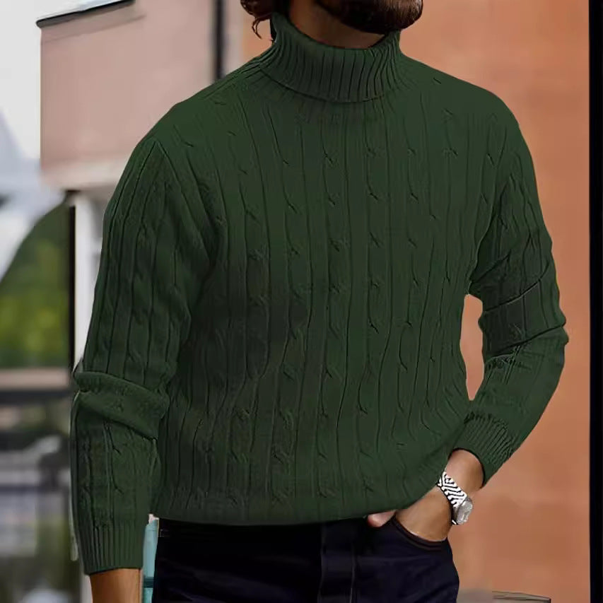 Matthias Men's Cable Turtleneck with Ribbed Trim - Dark Green