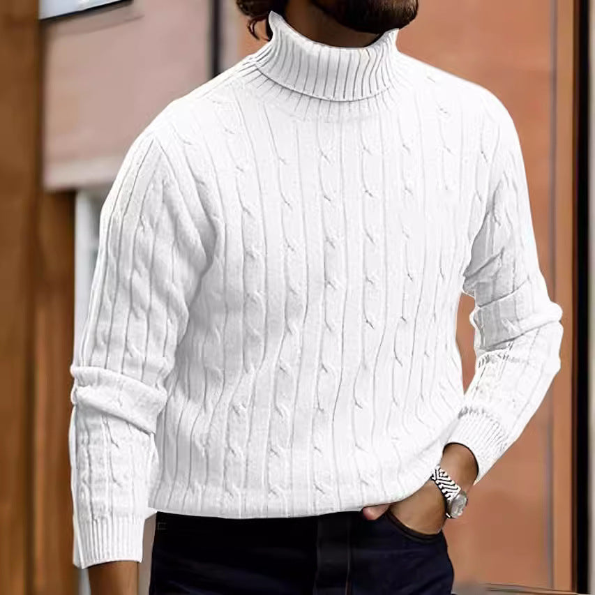 Matthias Men's Cable Turtleneck with Ribbed Trim - White