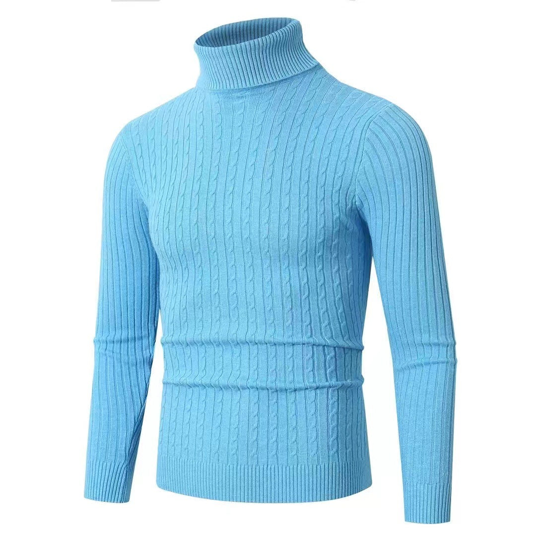 Matthias Men's Cable Turtleneck with Ribbed Trim - Sky Blue