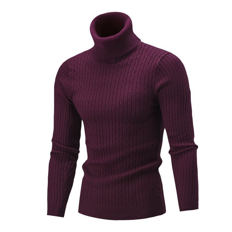 Matthias Men's Cable Turtleneck with Ribbed Trim - Wine Red