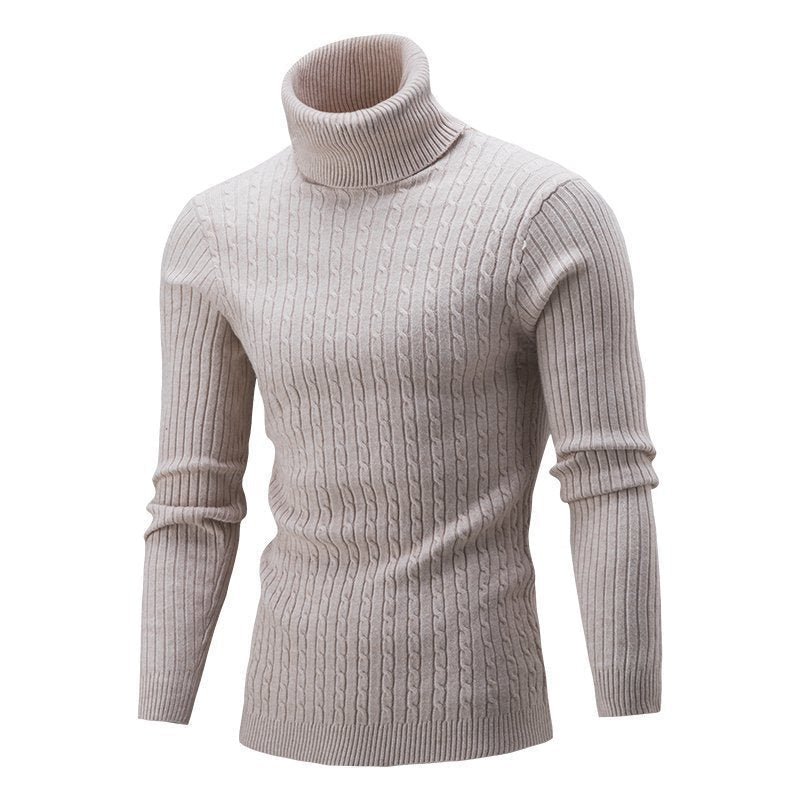 Matthias Men's Cable Turtleneck with Ribbed Trim - Light Coffee