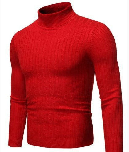 Matthias Men's Cable Turtleneck with Ribbed Trim - Bright Red