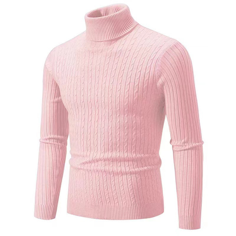 Matthias Men's Cable Turtleneck with Ribbed Trim - Pink