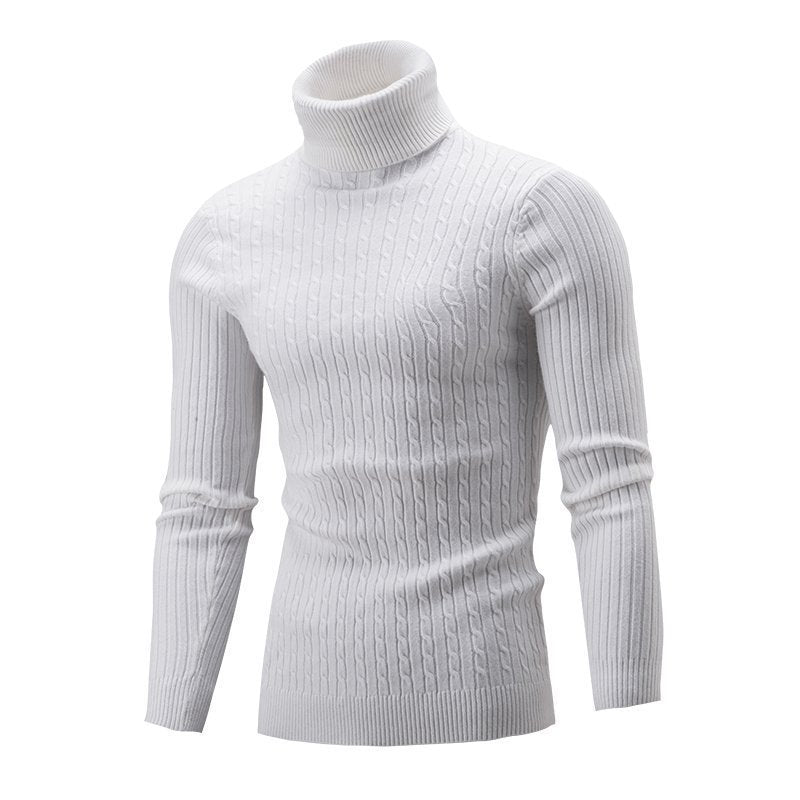 Matthias Men's Cable Turtleneck with Ribbed Trim - White
