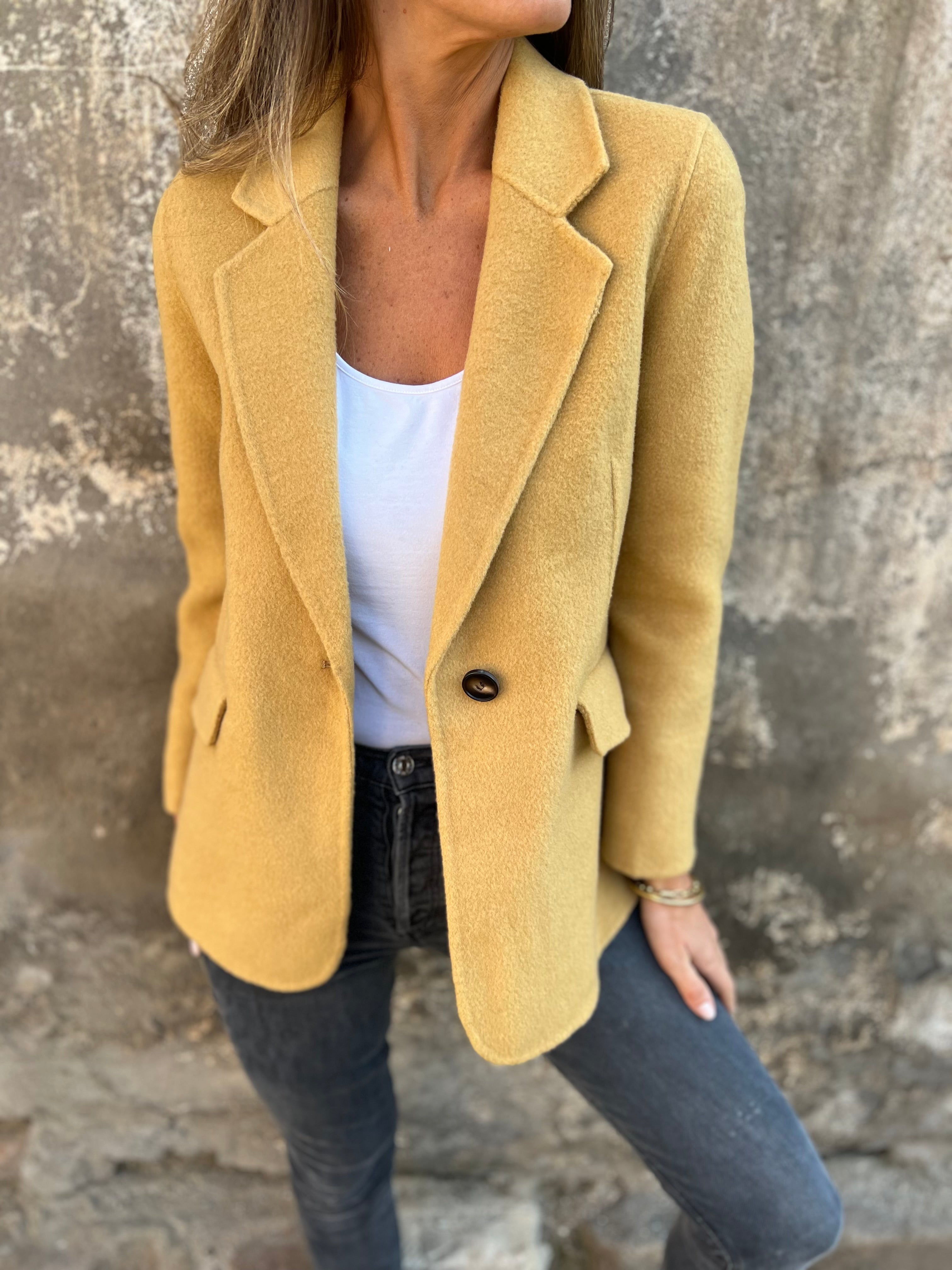 Maya Open Front Blazer with Structured Shoulders - Yellow