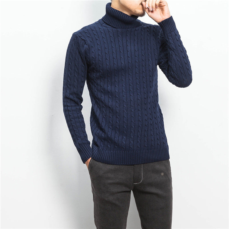 Meinhard Men's Cable Turtleneck with Fold-Over Collar - Navy