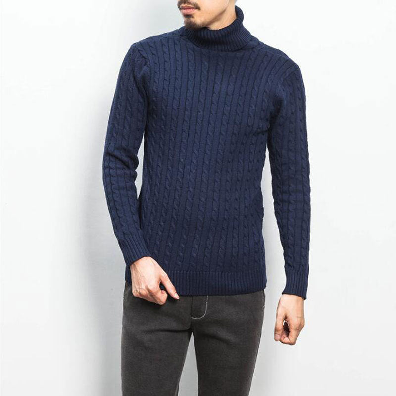 Meinhard Men's Cable Turtleneck with Fold-Over Collar - Navy