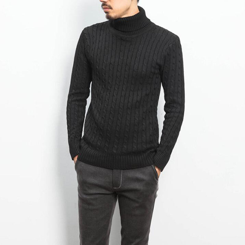 Meinhard Men's Cable Turtleneck with Fold-Over Collar - Black