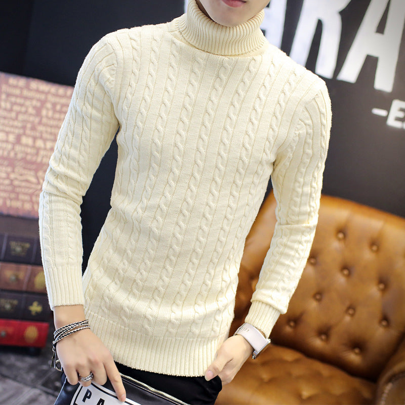 Meinhard Men's Cable Turtleneck with Fold-Over Collar - Beige