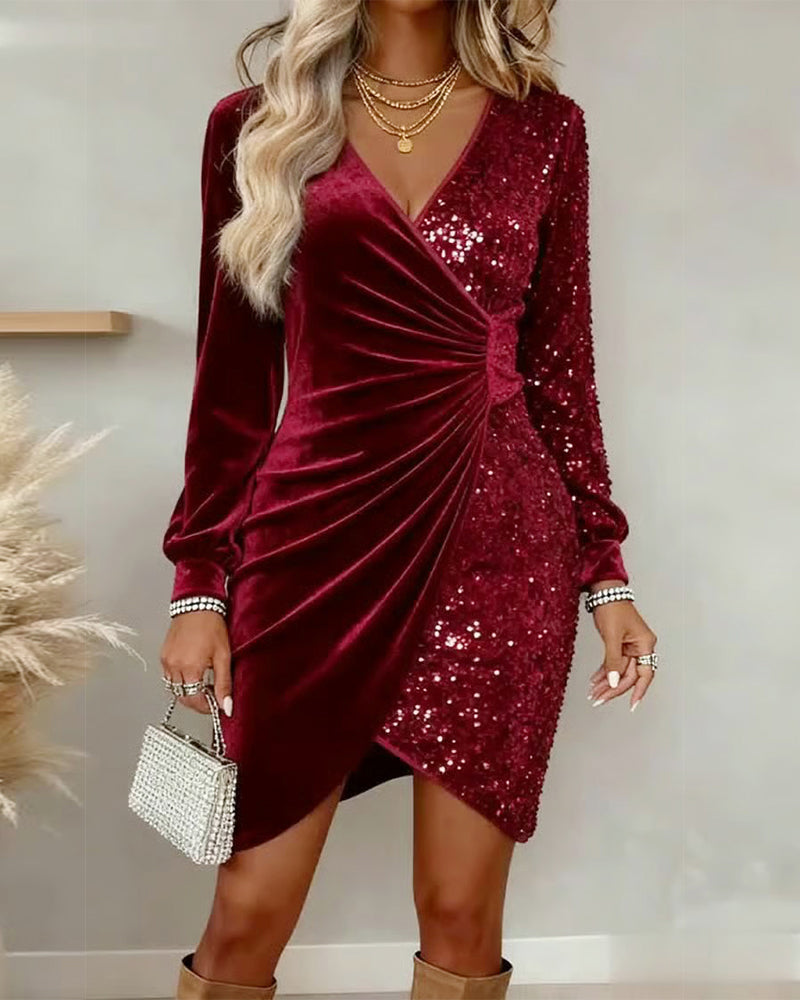 Meta Velvet-Look Sequin Dress with Wrap Front and V-Neck - Red