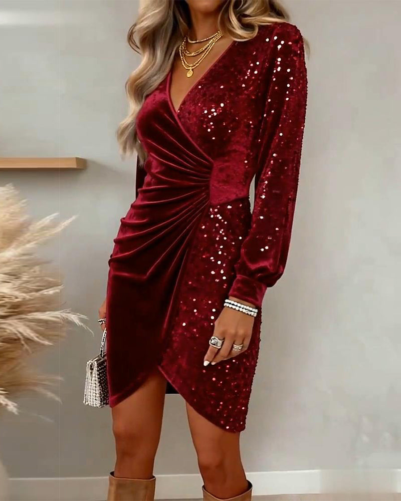 Meta Velvet-Look Sequin Dress with Wrap Front and V-Neck - Red