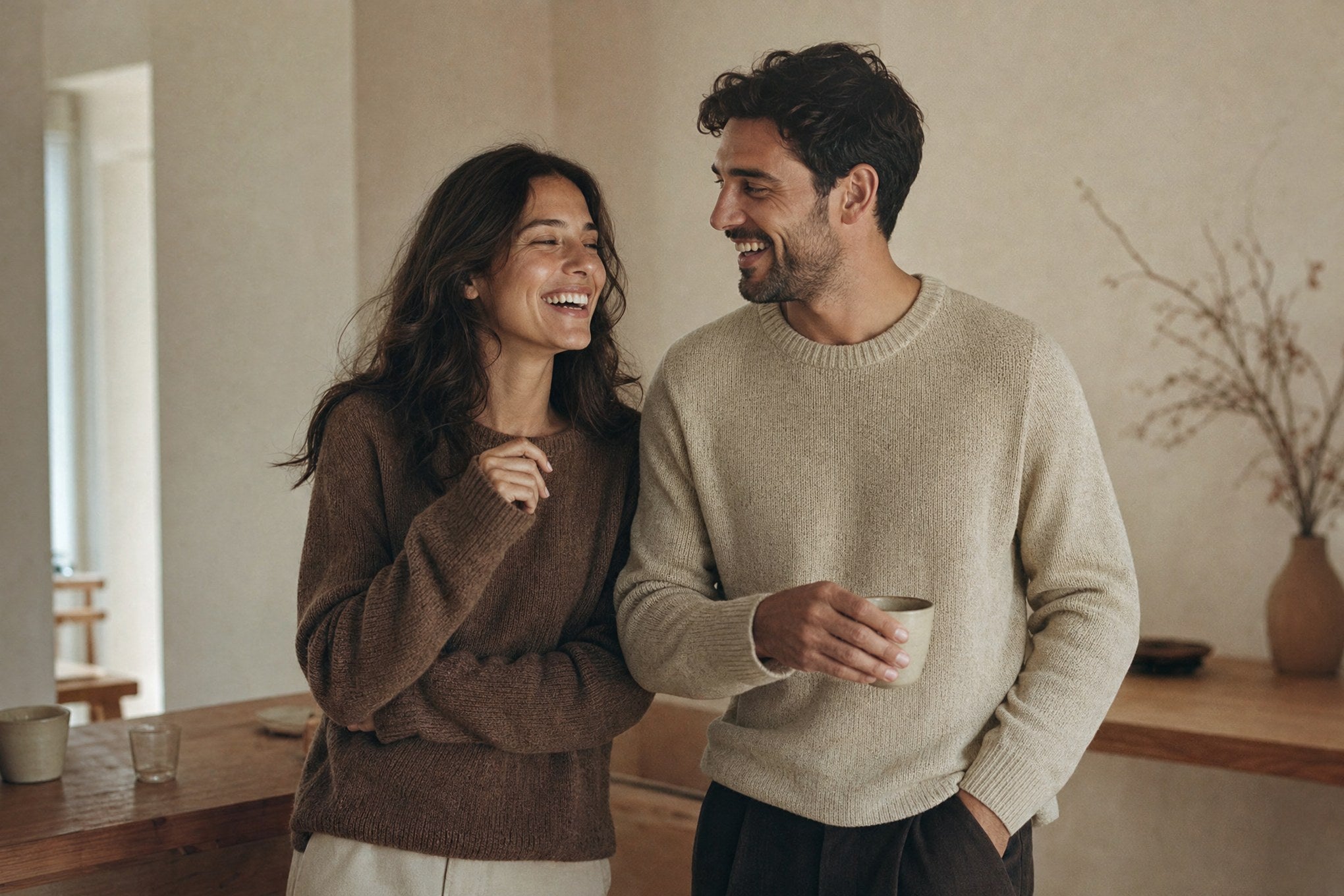 Mirazoe brand story: the founding couple in a warm minimalist interior