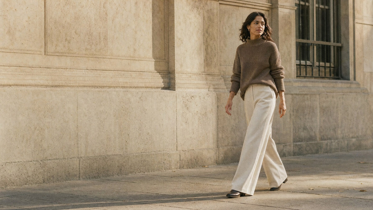 Mirazoe campaign hero: woman in a mokka knit walking along a sunlit stone facade