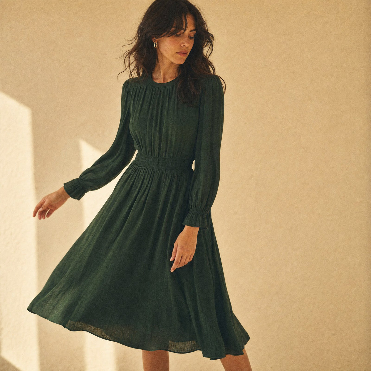 Mirazoe category tile: long-sleeve midi dress in deep green