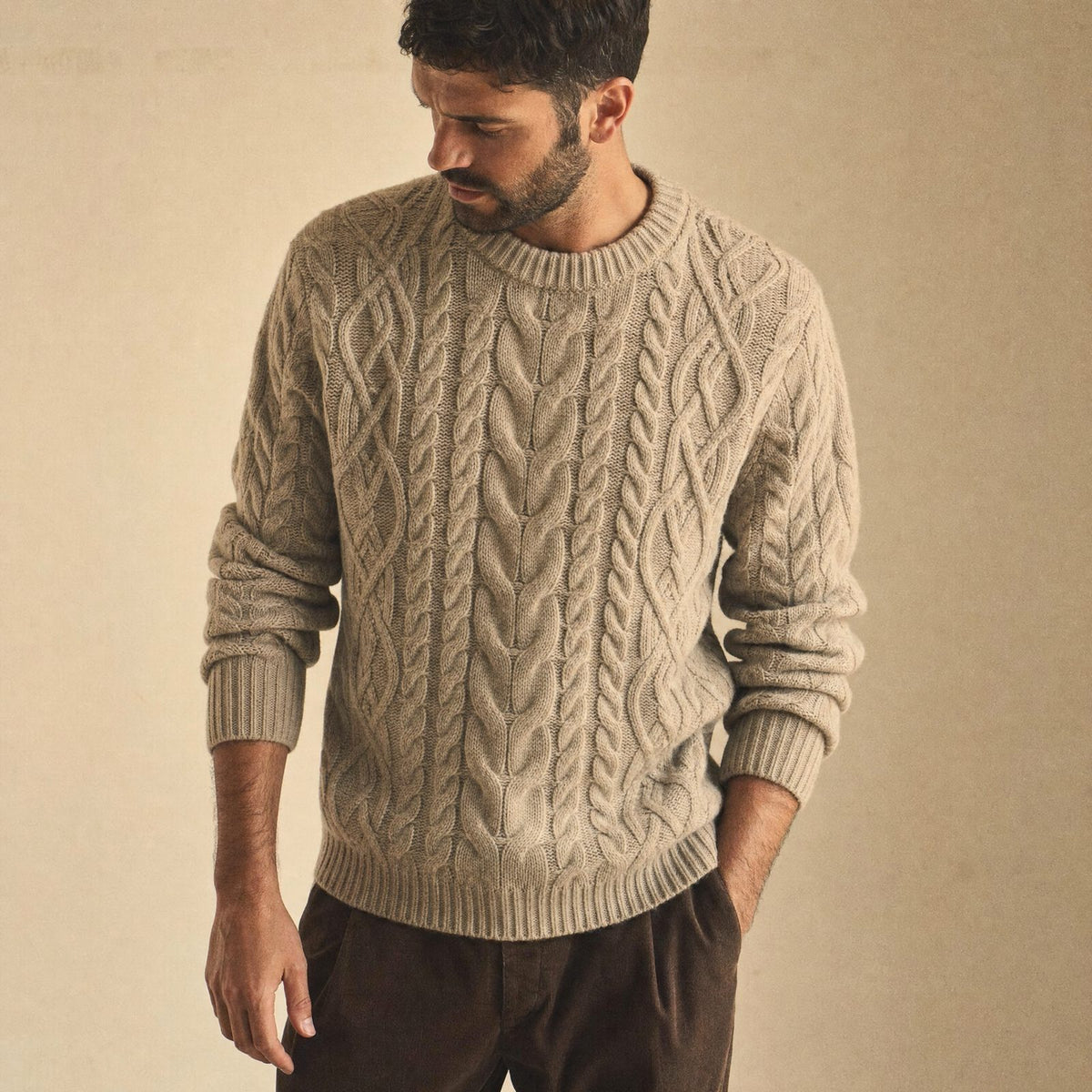 Mirazoe category tile: oatmeal cable knit sweater