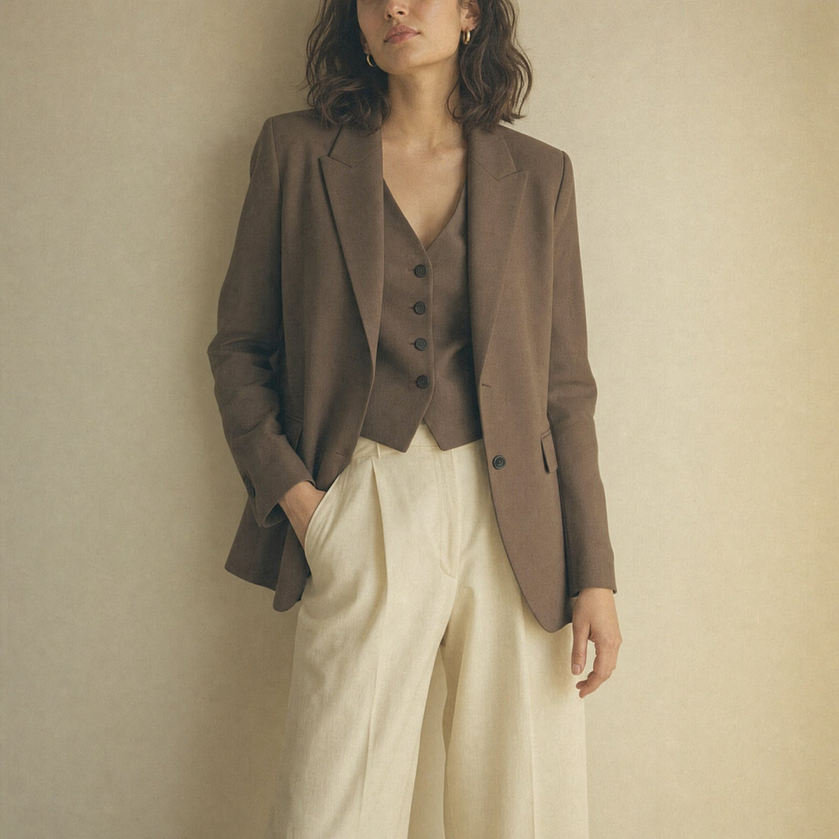Mirazoe category tile: mokka blazer with cream wide trousers