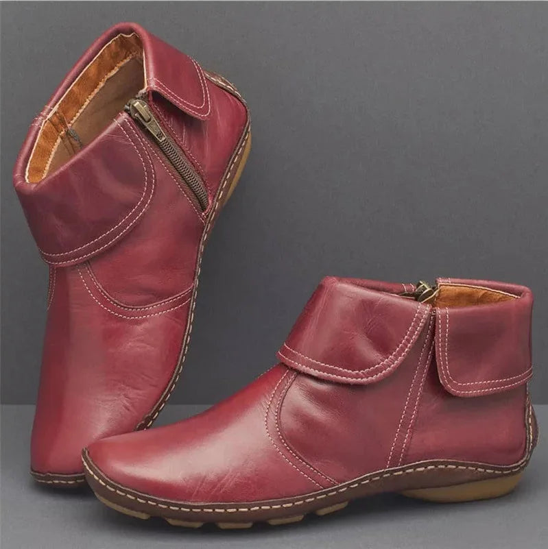 Mirelda Vintage Ankle Boots with Lace-Up Front - Red