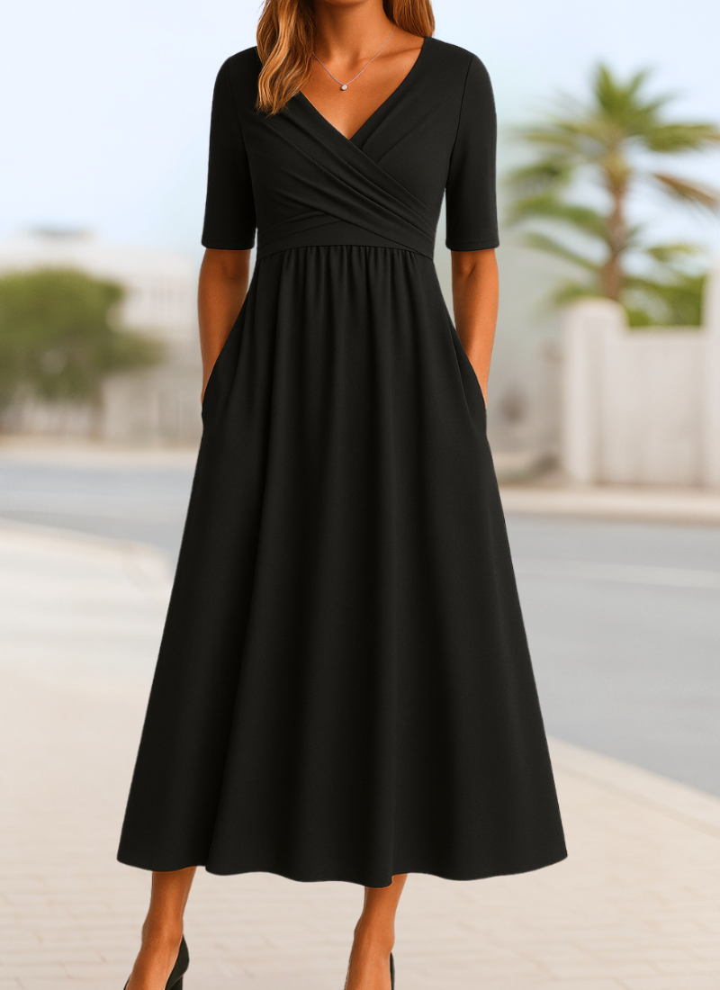 Monica Crossover Midi Dress with Elbow Sleeves and Pockets - Black