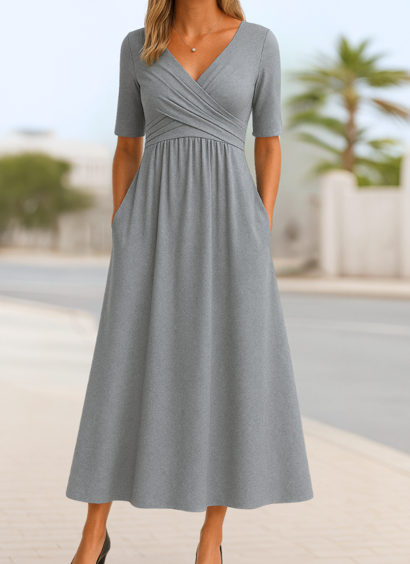Monica Crossover Midi Dress with Elbow Sleeves and Pockets - Gray