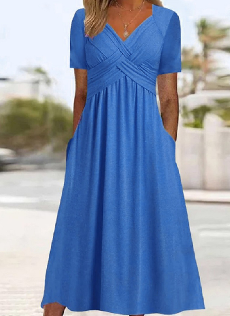 Monica Crossover Midi Dress with Elbow Sleeves and Pockets - Light Blue