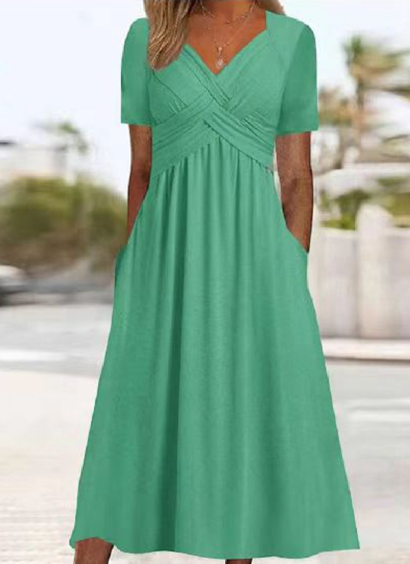 Monica Crossover Midi Dress with Elbow Sleeves and Pockets - Green