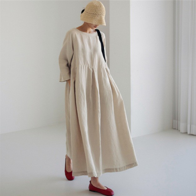 Nemia Tiered Maxi Dress with Long Sleeves and Panel Seams - Beige