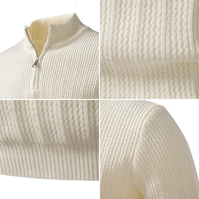 Norbert Men's Ribbed Troyer with Slim Cut and Collar Zip - Cream White