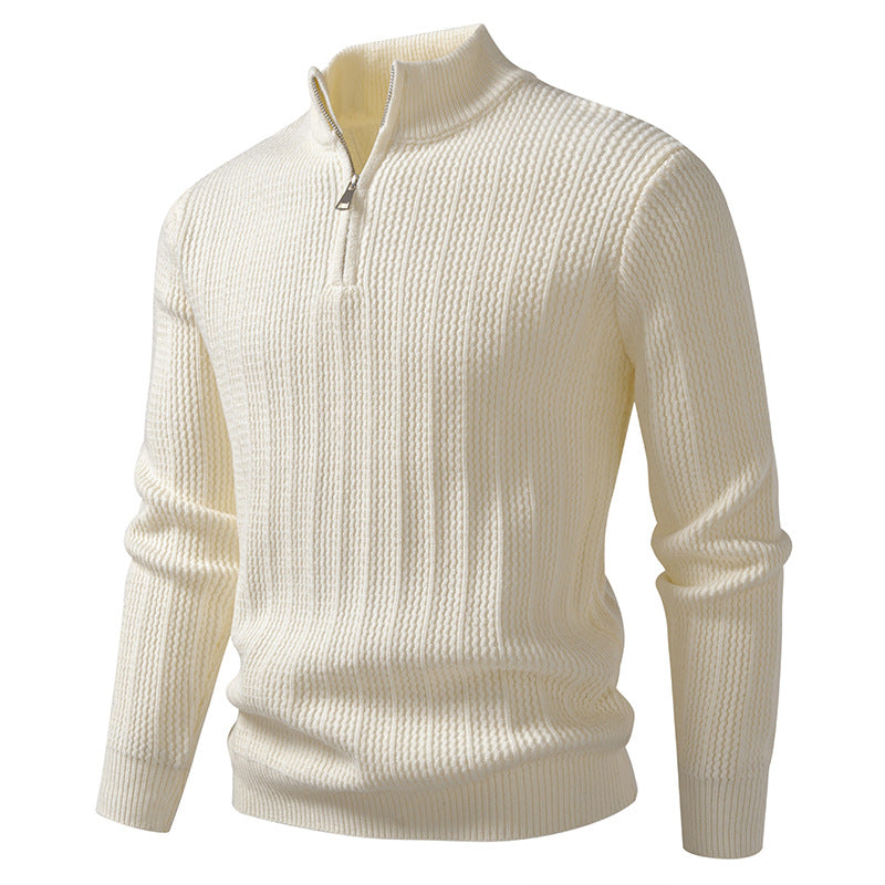 Norbert Men's Ribbed Troyer with Slim Cut and Collar Zip - Cream White