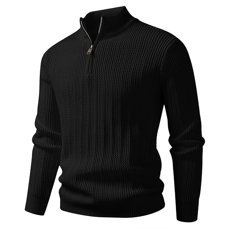 Norbert Men's Ribbed Troyer with Slim Cut and Collar Zip - Black