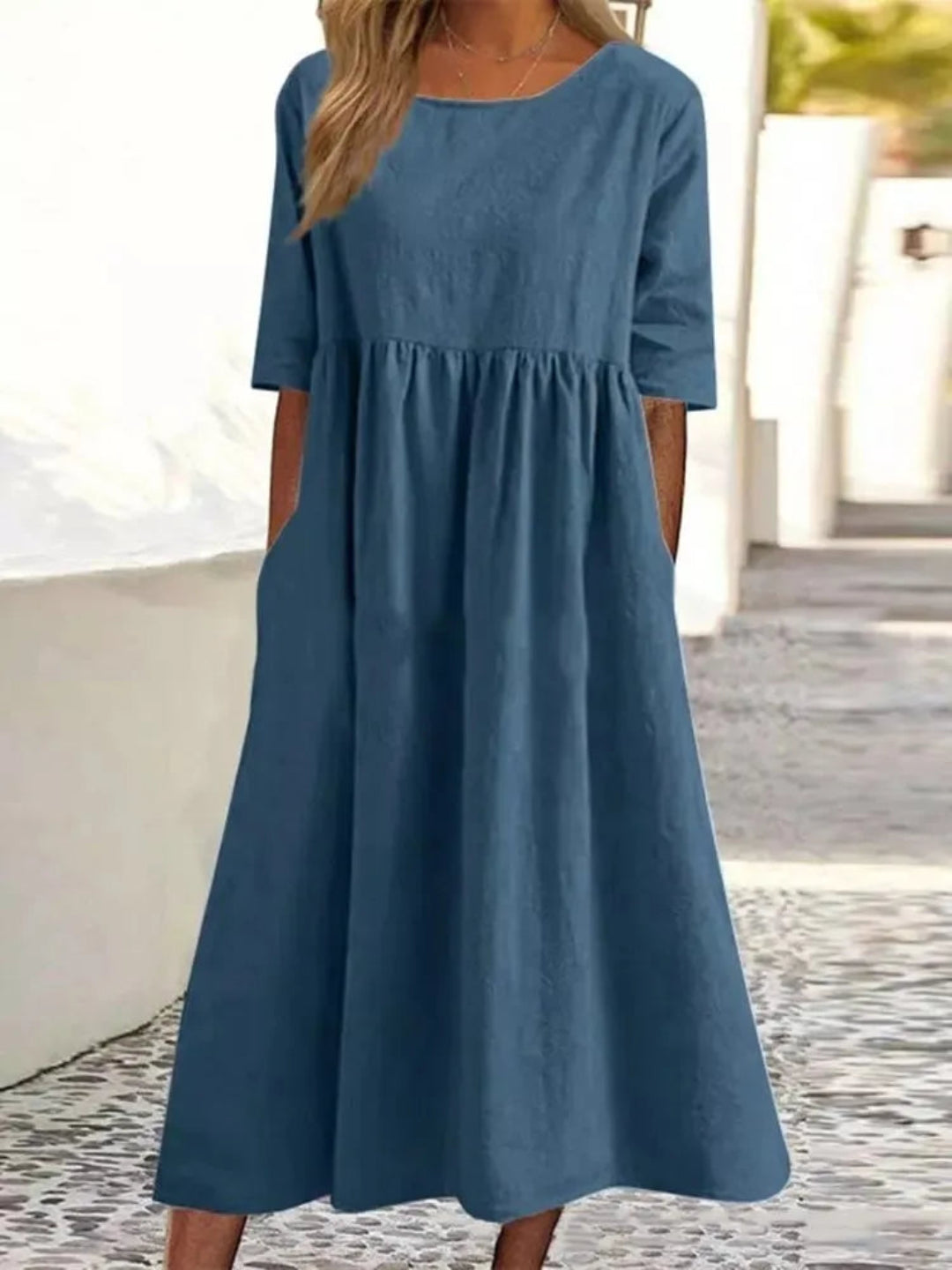Norie Maxi Dress with Short Sleeves, Side Slits and Level Hem - Blue