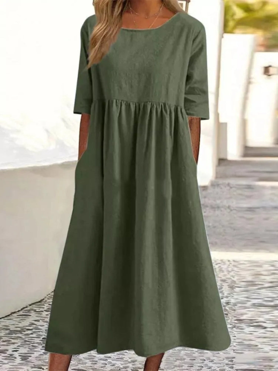 Norie Maxi Dress with Short Sleeves, Side Slits and Level Hem - Army Green